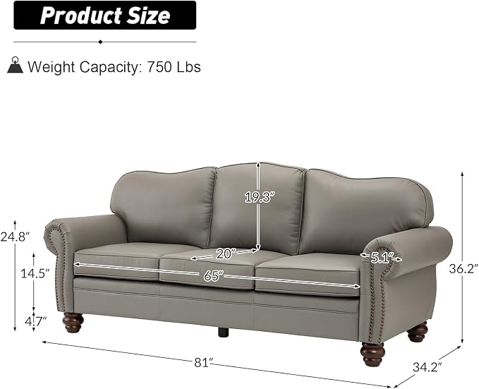 81" Genuine Leather Sofa, Classic 3-Seater Couchs - Image 2