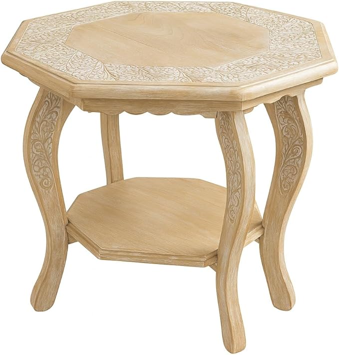 Hand Carved Wooden Octagon Coffee Table, Rustic Foldable Side Table Nightstand - Image 3