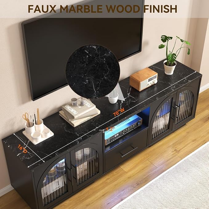 70" LED TV Stand with Storage for 75/80" TVs, Faux Marble Entertainment Center - Image 4