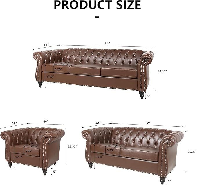 AVZEAR Chesterfield Leather Sofa 3 Seater Couch, Mid-Century Large Sofa Roll - Image 2