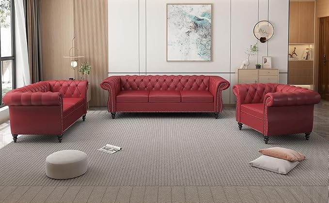 AVZEAR Chesterfield Leather Sofa 3 Seater Couch, Mid-Century Large Sofa Roll - Image 3