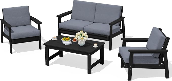 SERWALL 4 Piece HDPE Outdoor Furniture Set, All Weather Wood-Like Outdoor Sofa by SERWALL