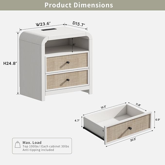 Oak&Sparrow Rattan Nightstand, 23.6'' Rattan End Table - Image 2