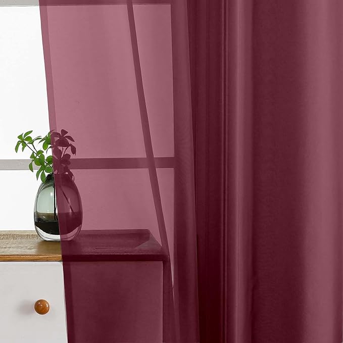 Burgundy Small Sheer Curtains 2 Panels Set, Kitchen Curtains 36 Inch Length - Image 4