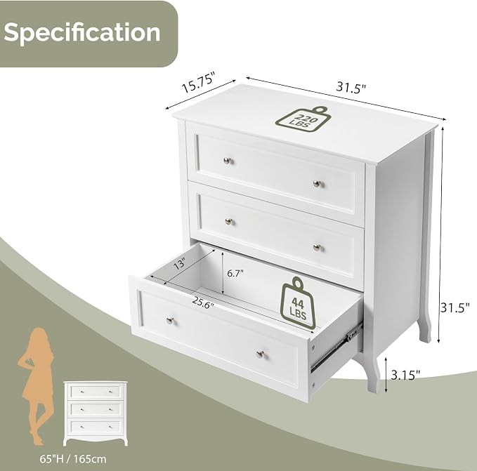 VINGLI White Dresser 3 Drawer Chest of Drawers - Image 2