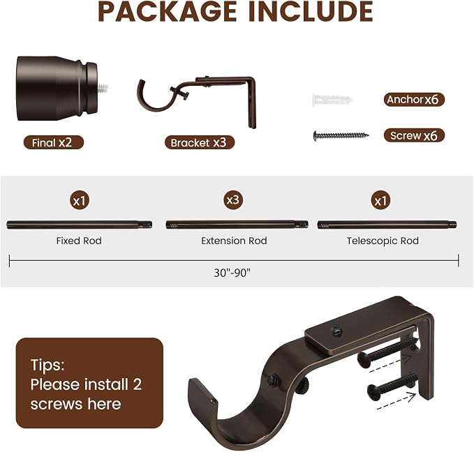 1” Diameter brown curtain rod Itself is 30 to 90 inch. 1 Pack Fits 30-84 inch - Image 2