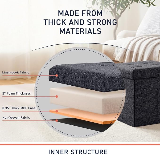 Ornavo Home 2 Pack 15 Inch Folding Storage Ottoman, Square Cube Linen Small - Image 4