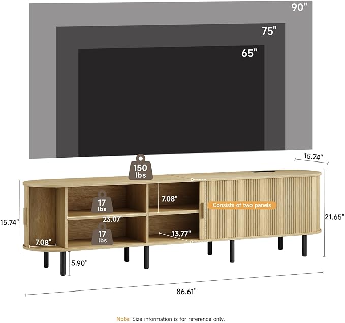 86.6" TV Stand with Power Outlet, Mid-Century Modern Television Stand, Fluted - Image 2