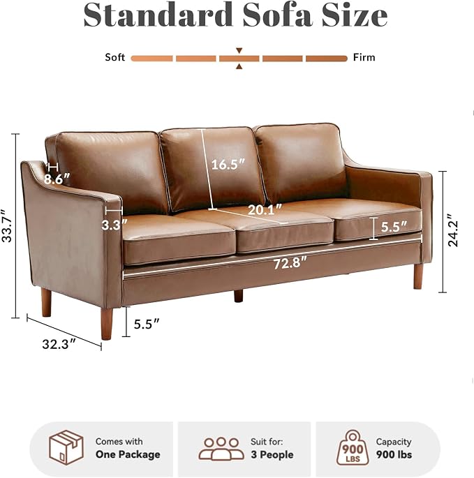Kingfun 80" Faux Leather Sofa, 3 Seater Couch, Mid Century Modern Couches - Image 2