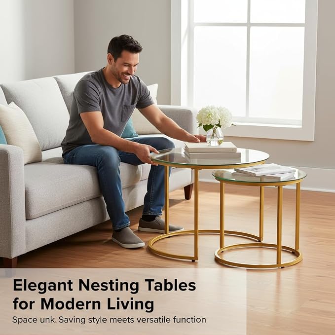 Round Nesting Coffee Table Set of 2, Modern Glass Nesting Tables, Stacking - Image 2