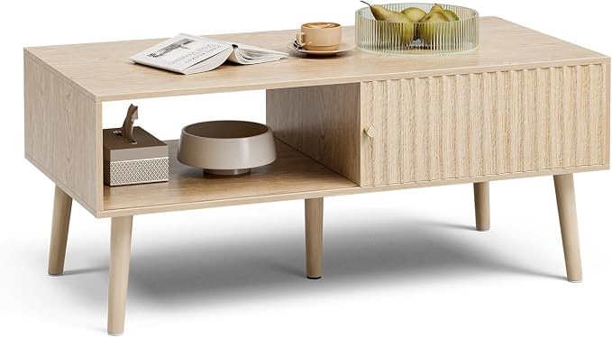 LCRBOL Coffee Table with Storage, Boho Dining Table with Sliding Fluted Door - Image 5