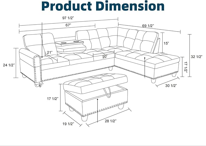 97.5" L Shaped Couch Set, Modular Sectional Couches - Image 2