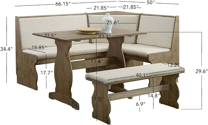 Linon Lucy Natural Wood and Linen Upholstered Corner Nook Kitchen Dining Set - Image 4