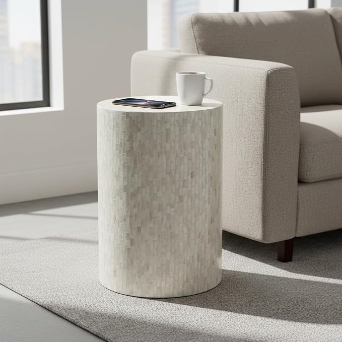 PEMAR Mother of Pearl Cylinder Drum End Table Nacre Side Stool Round Accent - Image 9