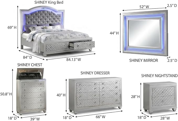 First of a Kind Shiney Contemporary 5 Piece King Bedroom Set High Gloss Silver - Image 9