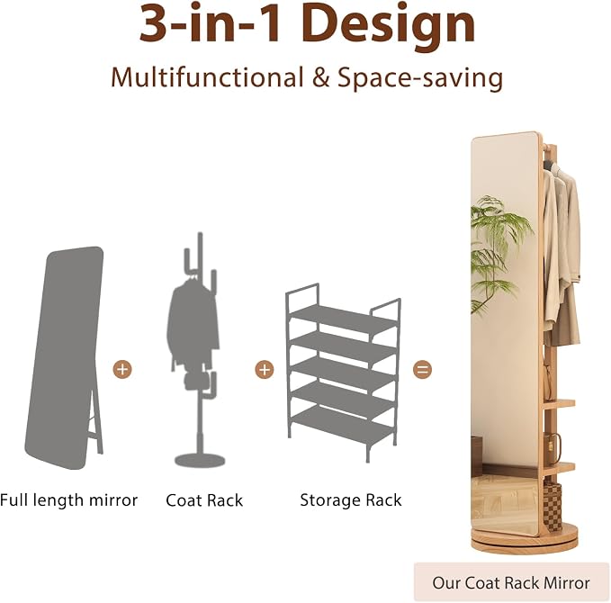 WoodsWhisper Full Length Mirror Coat Rack Solid Wood Floor Mirror 70"x16" Full - Image 5