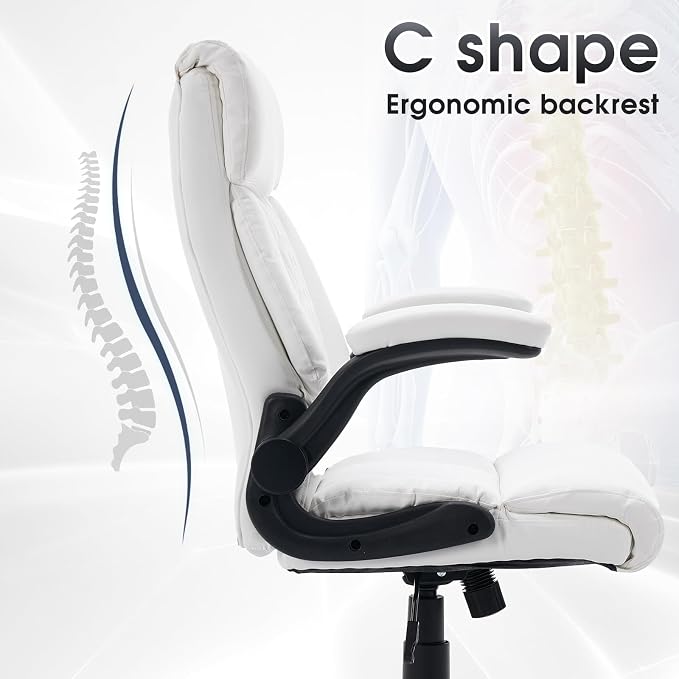 High Back Office Chair with Flip-up Armrests, Leather Comfy Desk Chair with - Image 4