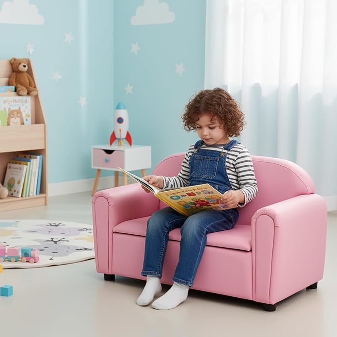 Costzon Kids Couch, 2 in 1 Double Seat Children's Sofa w/Under Seat Storage - Image 2