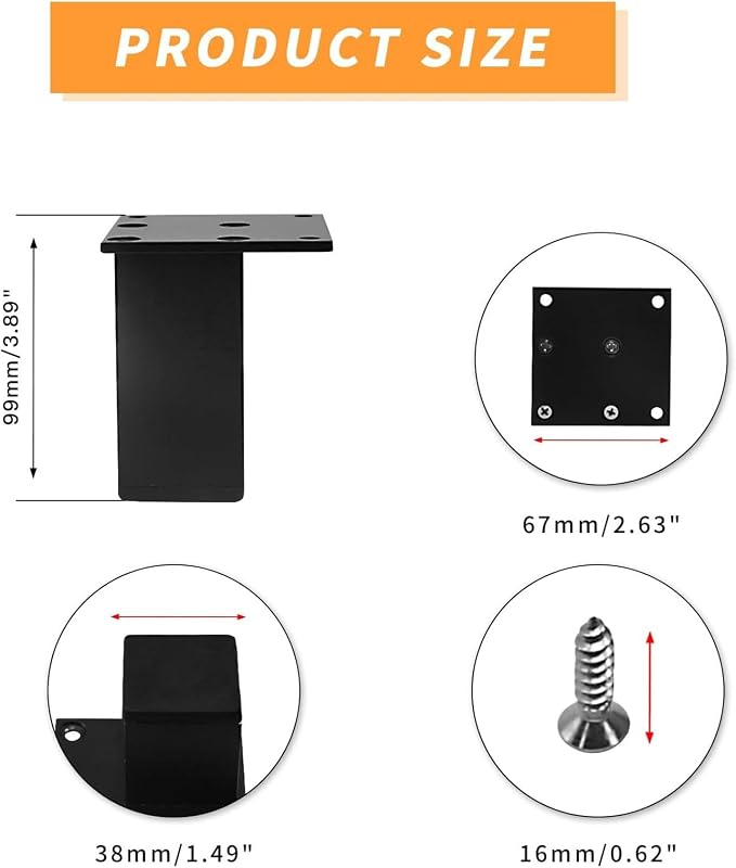 4Pcs 4Inch Metal Furniture Legs, Square Metal Cabinet Support Foot - Image 2
