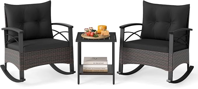 Tangkula 3 Piece Rattan Rocking Chair Set, Patio Rocker Bistro Set by TANGKULA