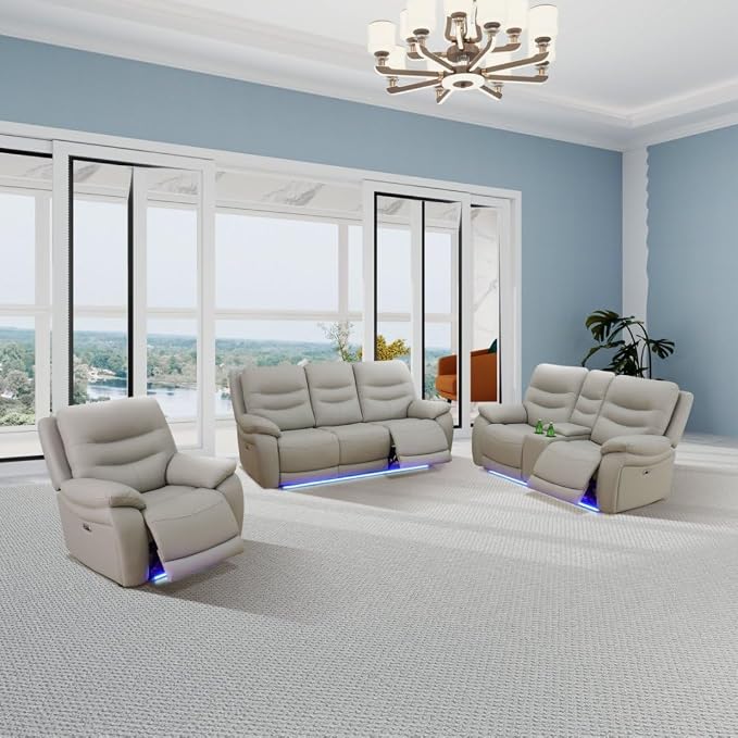 Power Recliner Sofa Set with LED, Air Leather Living Room Furniture Set - Image 7