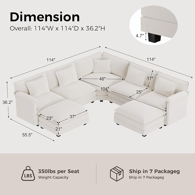 ELUCHANG 114" Oversized V-Shaped Cloud Couch Modular Sectional Sofa - Image 2