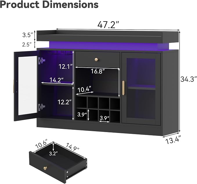 Wine Bar Cabinet with LED Light, Home Coffee Bar Cabinet with Wine and Glass - Image 2