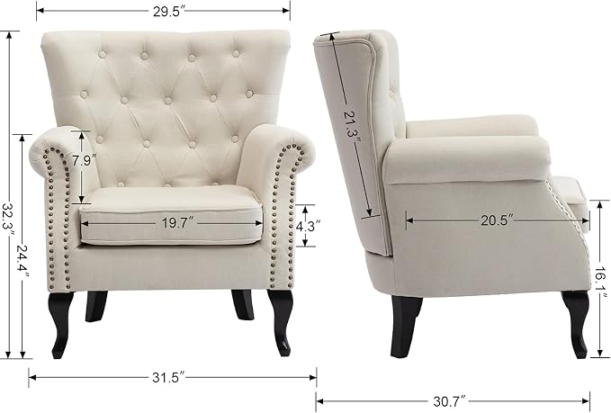 Mid Century Accent Chair for Living Room, Linen Fabric Button Tufted Armchair - Image 3