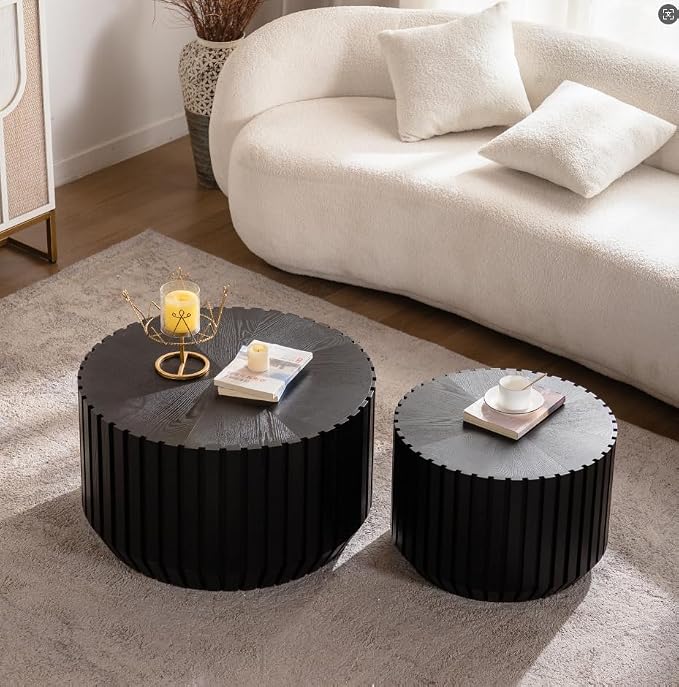 46.46'' Black Round Nesting Coffee Table Set of 2, Modern Circle Fluted Drum - Image 3
