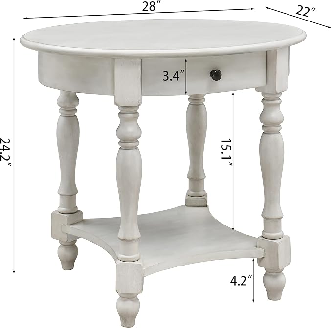 Solid Wood Oval End Table with Drawer and Storage Shelf, Antique White - Image 2