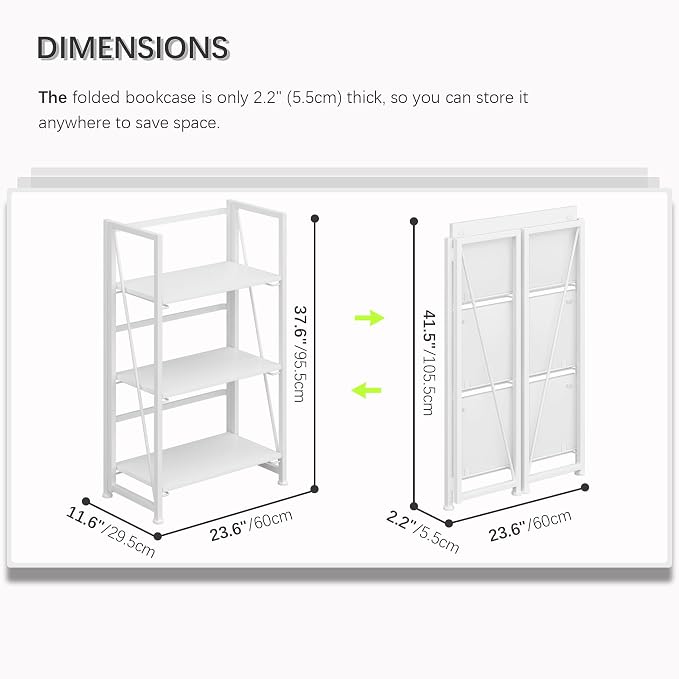 4NM No Assembly Folding Bookshelf Storage Shelves 3 Tiers Vintage Bookcase - Image 2