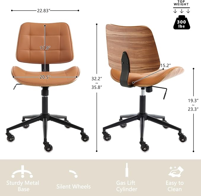 Home Office Desk Chair with Wheels, Adjustable Height Armless Office Chair - Image 2