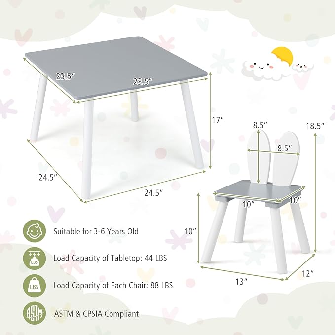 Costzon Kids Table and Chair Set, 3 Pieces Wooden Activity Table & 2 Rabbit - Image 8
