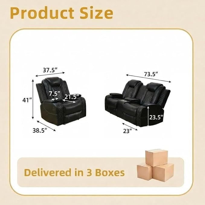 Power Recliner Sofa Set with LED Lights, Includes 2 Manual Recliner 1 Seat and - Image 7