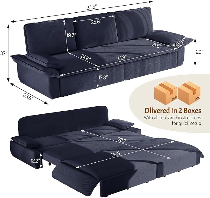 KEIKI 94.5'' King Size Pull Out Sleeper Sofa, 3-in-1 Convertible Futon Couch - Image 2