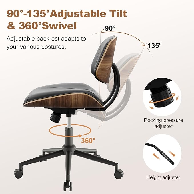 Armless Office Chair with Wheels, PU Leather Adjustable Height Desk Chair - Image 3