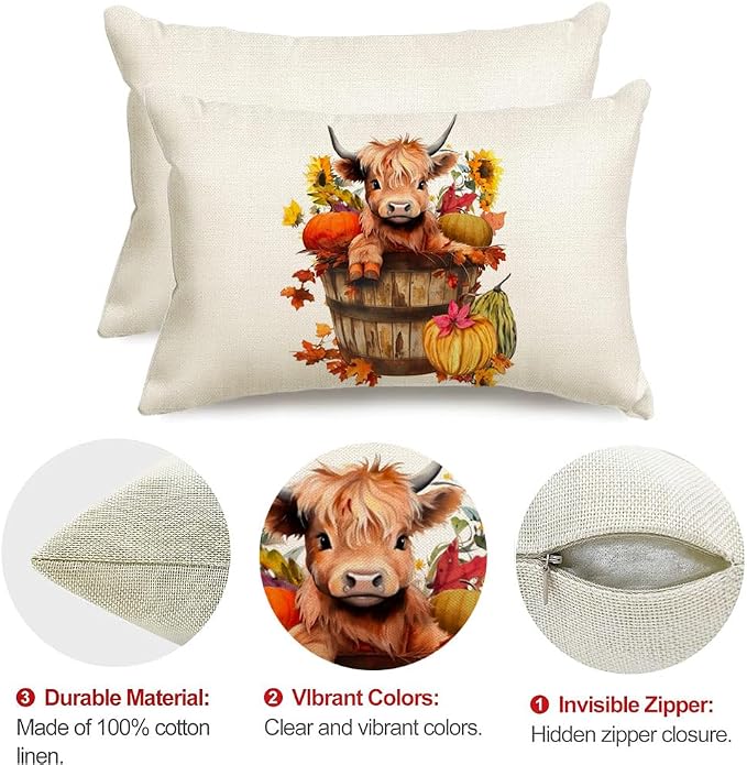 RABUSOFA Fall Decor Pillow Covers 12x20 Inch Lumbar Highland Cow Autumn Fall - Image 6