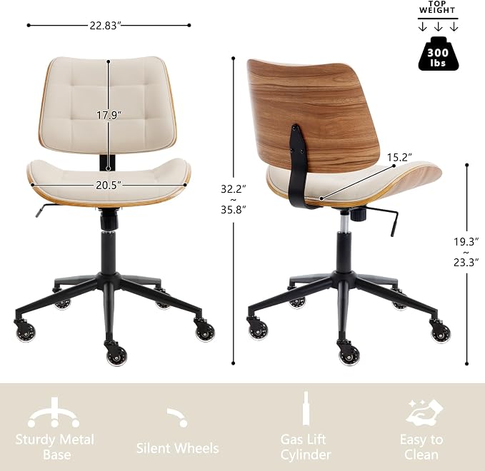 Home Office Desk Chair with Wheels, Adjustable Height Armless Office Chair - Image 2