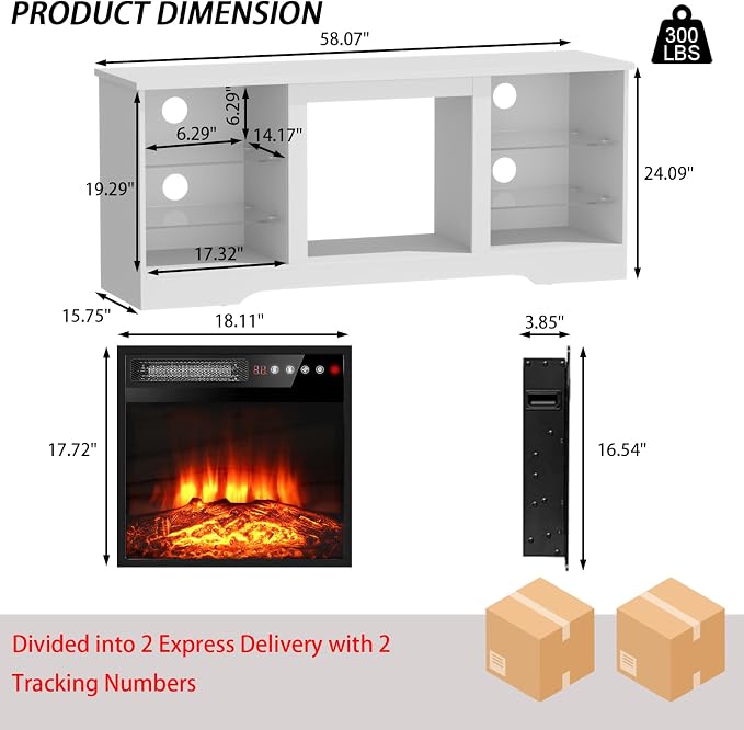 PRETZI Fireplace TV Stand with 18" Fireplace Up to 65" TVs, TV Media Console - Image 6