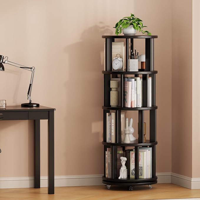 Muwuele Solid Wood Rotating Bookshelf on Wheels, 4 Tier, Round Revolving - Image 9
