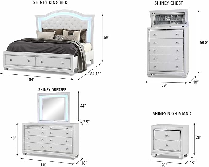 First of a Kind Shiney Contemporary 5 Piece King Bedroom Set High Gloss White - Image 9