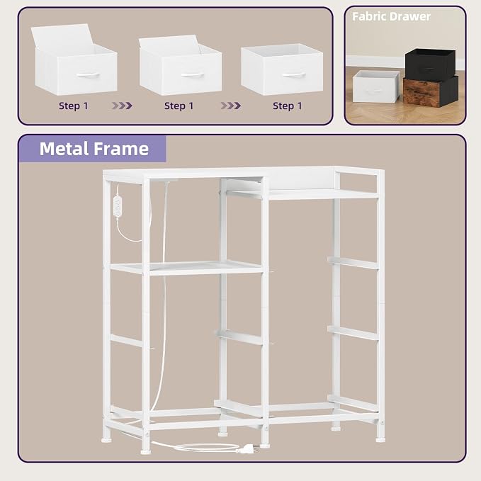 Somdot White Nightstand with Charging Station and LED Light, Wide 5 Drawers - Image 7
