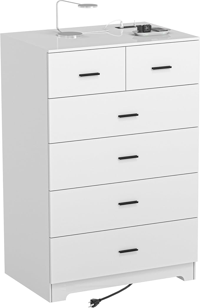 FJTJBSI Dresser with Power Outlets Wooden 6 Drawer Dresser with Large Organizer - Image 4