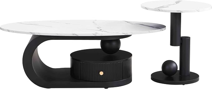 Modern Oval Coffee Table Set of 2, Faux Marble Coffee Table and Round End Table - Image 7