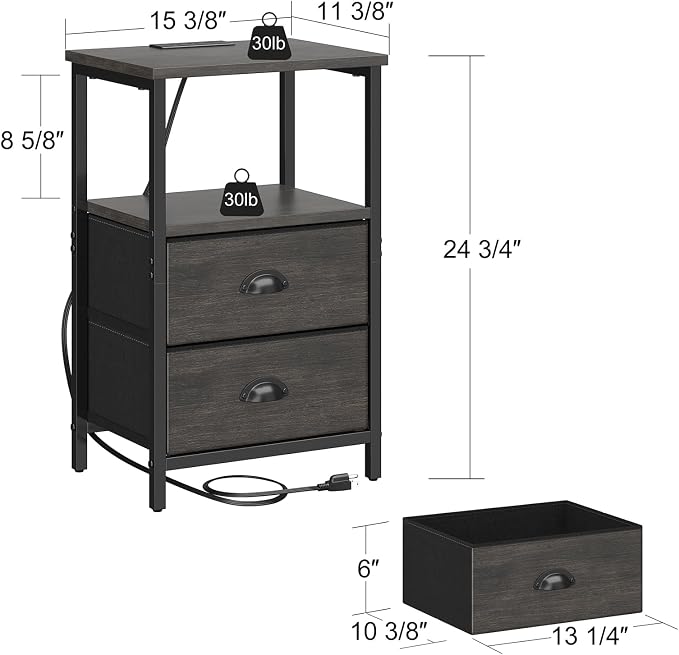 sthmec Nightstand with Charging Station, LED Night Stand with 2 Fabric Drawers - Image 3