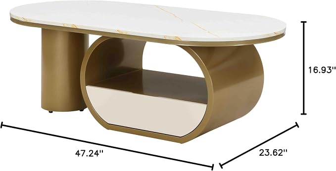 Modern Oval Coffee Table, 47.24" White Faux Marble Coffee Table - Image 2