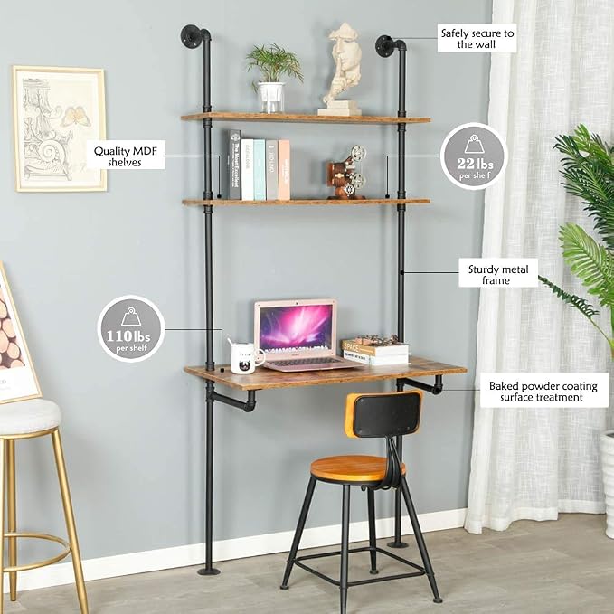 ZIOTHUM Wall Mounted Desk with Shelves, Industrial Ladder Style Floating Desk - Image 3