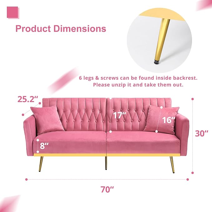 70” Velvet Futon Sofa Bed with 2 Pillows and Adjustable Armrests, Convertible - Image 3
