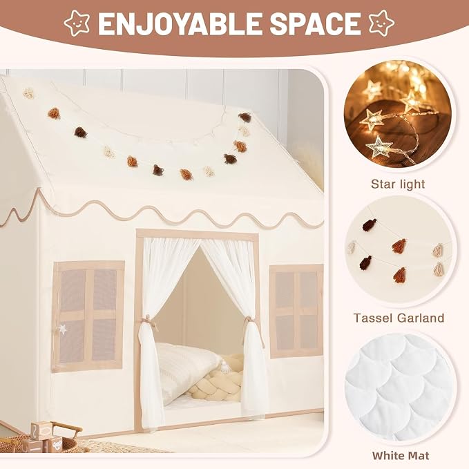 Kids Play Tent Indoor: with Mat, Tassel Garland, Star Lights - Image 3