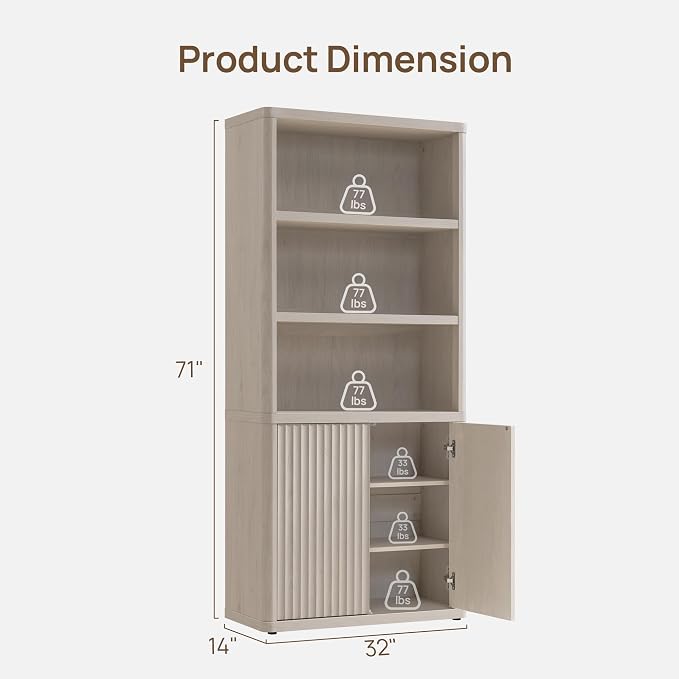 SICOTAS Book Shelf with Doors 71" Tall 6 Tier Bookshelf with Adjustable Shelves - Image 2